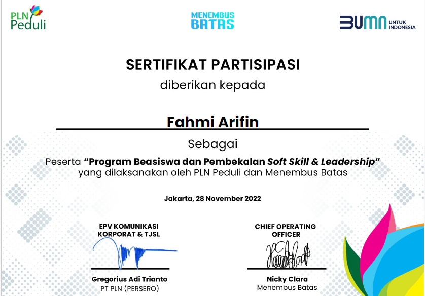 Lihat Sertifikat Program Beasiswa dan Pembekalan Soft Skill & Leadership dalam ukuran penuh